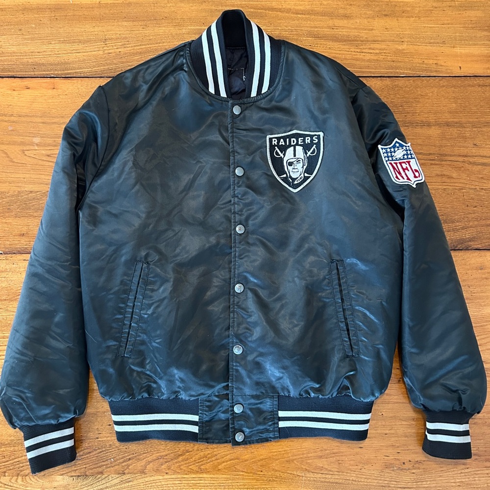 NFL Raiders Black Satin Bomber Jacket with Striped Trim